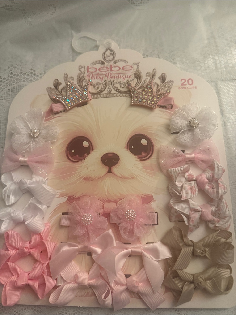 bebe Baby Boutique Pink & White Bow and Crown Hair Clip Set